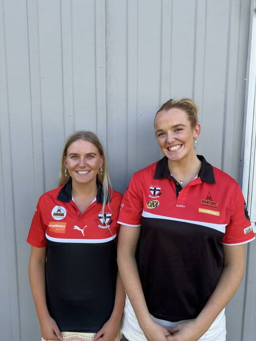 Myrtleford's new goal shooter Daisy O'Kane (right) is excited to make her debut in Saints colours on Easter Sunday. Picture supplied.