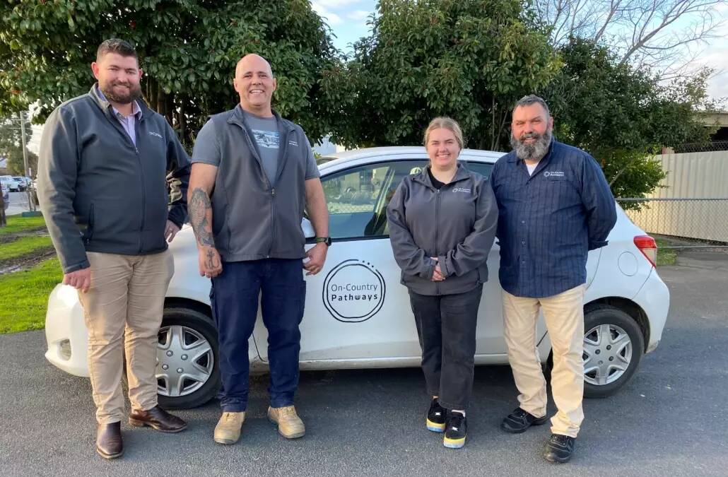 On-Country Pathways general manager Jebb Hutchison, driver mentors Richard Nye and Chloe Sergeant and program manager Darren Moffitt welcomed the regional grant for their organisation. Picture supplied