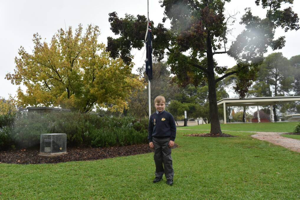 READY: Fergus Meyer, 5, prepares to attend the Anzac Day service at Henty. Picture: Lorri Roden