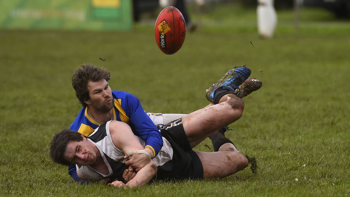 Joel Quarrell being tackled while playing for Dunnstown in 2014. Photo: Justin Whitelock.