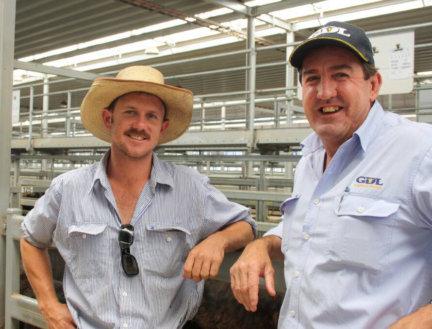 TRIP SOUTH:  Lachie McClymont, of Goondiwindi, with agent Peter Daniel from GDL Agencies, travelled to Barnawartha for the annual weaner sales. Pictures: LIBBY HUFTON
