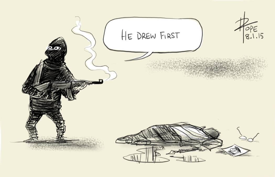ACCLAIMED: David Pope's poignant He Drew First: Charlie Hebdo cartoon was shared around the world on social media in the aftermath of the murders in Paris.