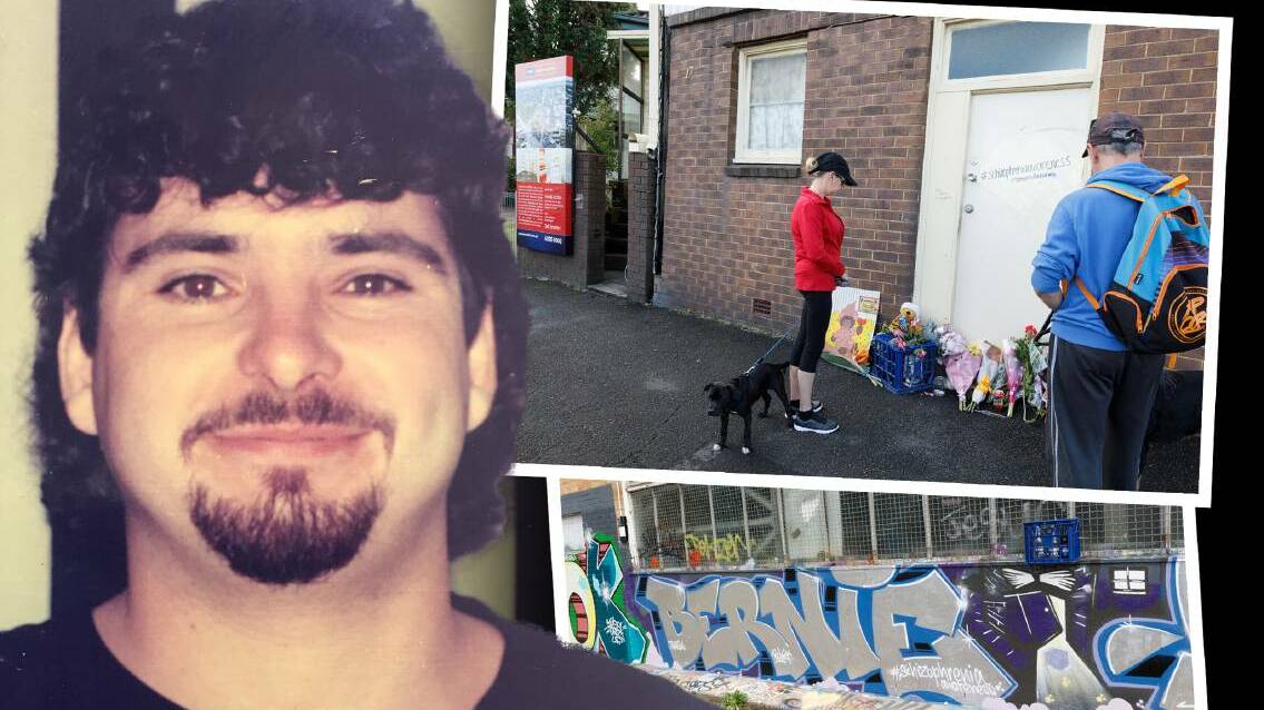 MISSED: Bernie Sessions was a Mayfield identity, even though few knew much about him. Inset: Locals pay their respects at the doorway where Mr Sessions sat, and a tribute mural in Tighes Hill. Pictures: Max Mason-Hubers