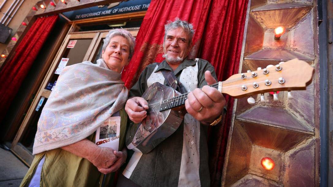 Pioneer: Ian Mortimer with fellow artist Pixi Robertson during 35th anniversary celebrations for the Flying Fruit Fly Circus in 2014 in Wodonga.