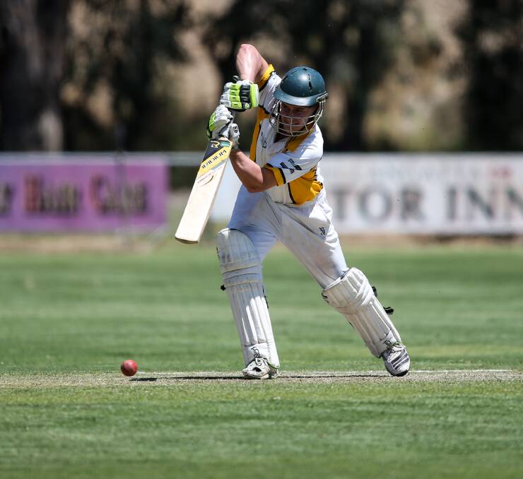 FRONT FOOT: Tallangatta batsman Nick Wood finds his stride against the North Albury bowlers as the Bushies chased 164. Picture: JAMES WILTSHIRE