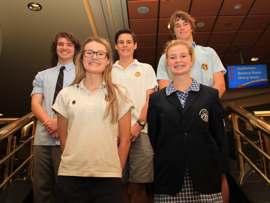 LEADERS: Back: Matt Strong, 17, Ben Jones and Bailey Parker, both 16.  Front: Claudia Jenkins, 17, and Chloe Breen, 16 at GRIP leadership conference for students.