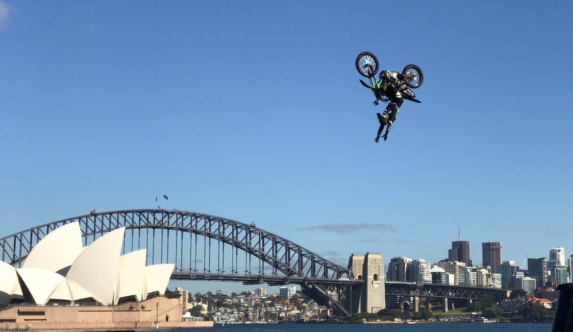 HOW'S THE VIEW: Lockhart's Jackson Strong soars through the air at Farm Cove, Sydney Harbour on Monday. Picture: Monster Energy Aus-X Open Sydney