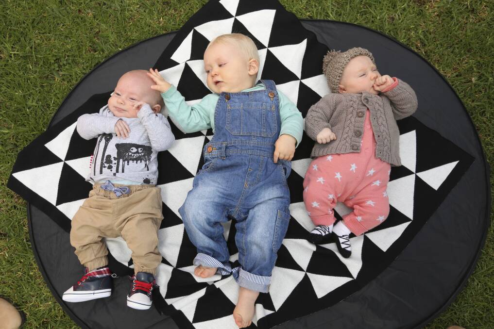 BABY, BABY, BABY: Sonny Lancaster, four months, Myles Lynch, eight months, and Margot Giblin, seven weeks. Picture: ELENOR TEDENBORG