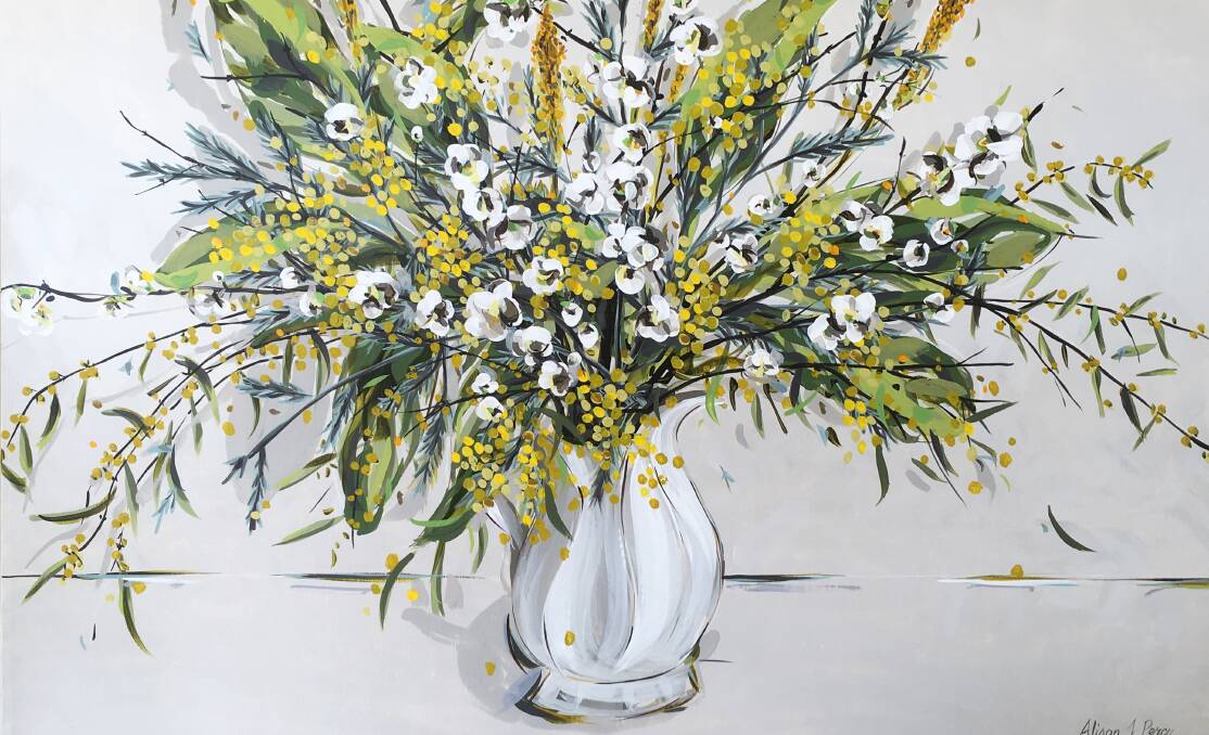 FLORAL STATEMENT: Wattle blossom and loquat branches is among the works in Drawings and Paintings Exploring the Land, the Figure and the Flower.
