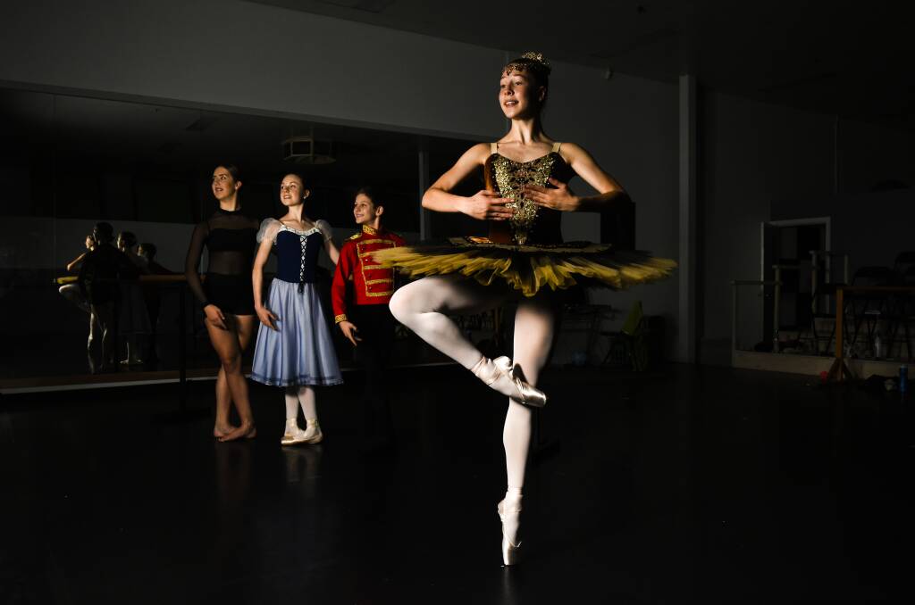 STAGE PRESENCE: Regional Academy of Performing Arts dancers Indi Drew, front, with Tiahna Bannerman, Molly Parnell and Remy D'Ornay rehearse for the Australasian Ballet Challenge in Wodonga. Picture: SIMON BAYLISS