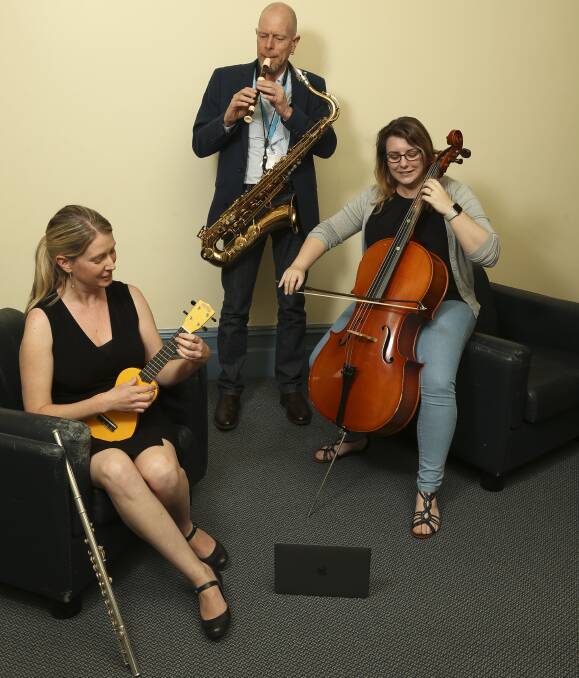 NEW BEAT: Murray Conservatorium staff Jenny O'Hara, Stephen O'Connell and Toni McInerney have learnt new instruments as part of the Grade-a-thon challenge, which ends with a concert on Saturday. Picture: ELENOR TEDENBORG