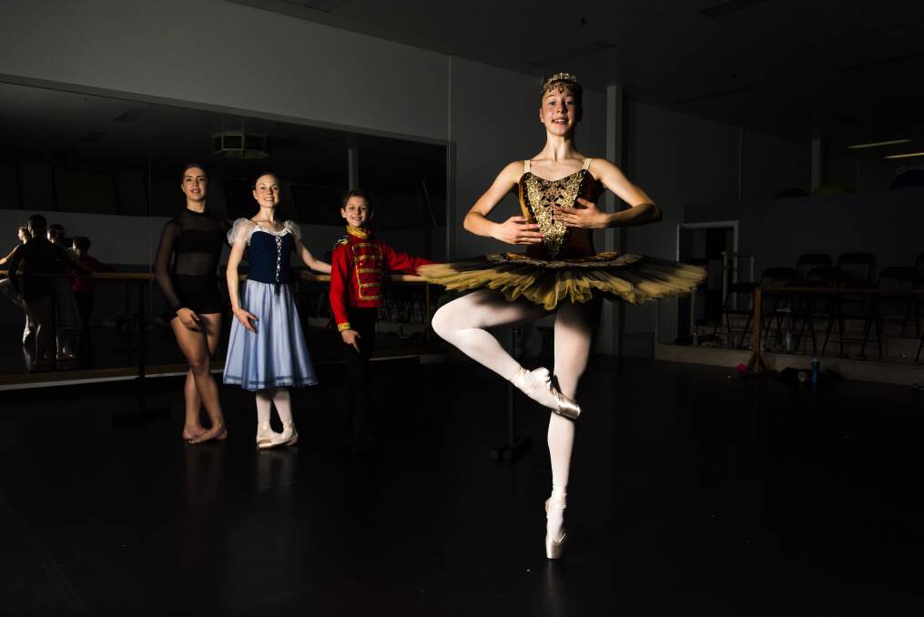 STAGE PRESENCE: Regional Academy of Performing Arts dancers Indi Drew, front, with Tiahna Bannerman, Molly Parnell and Remy D'Ornay rehearse for the Australasian Ballet Challenge in Wodonga. Picture: SIMON BAYLISS
