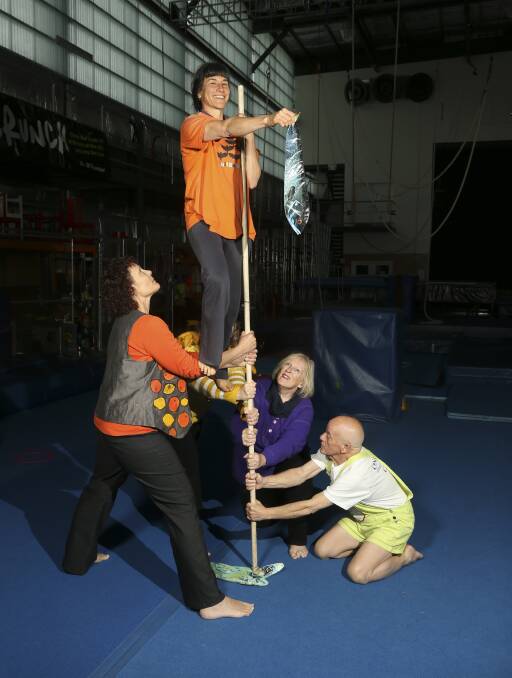 UPWARDLY MOBILE: Fruit Bat Circus members Vicki Knight, Helen Young, Elaeanor Tan, Abi Thompson and Terry Carvan will perform in Hobart. Picture: ELENOR TEDENBORG