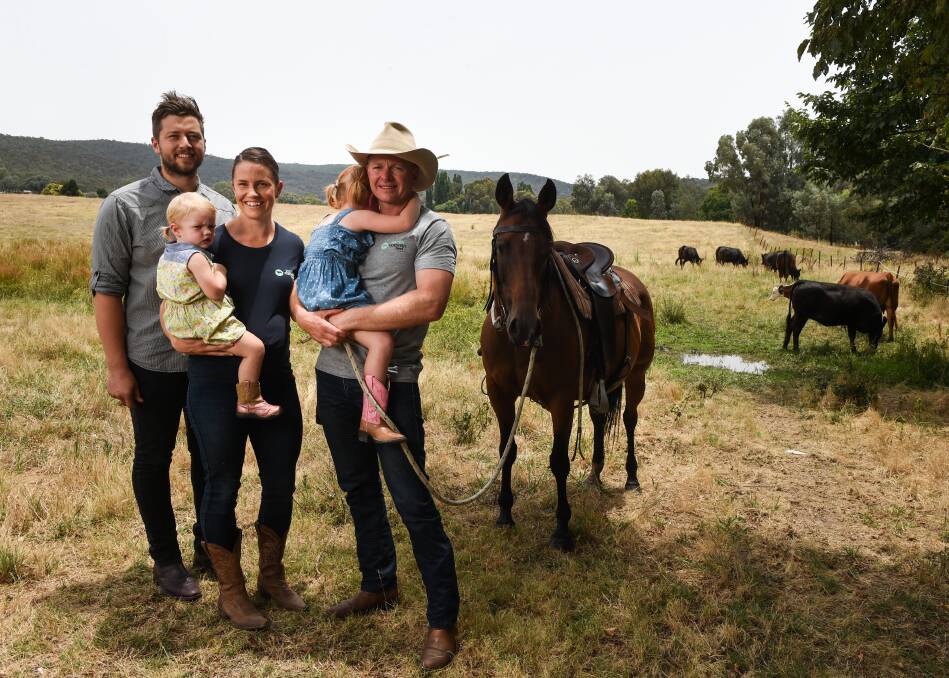 GROUND WORK: Cultivate Farms operators Sam Marwood, Tegan and Tim Hicks with children, Belle, 22 months, and Rosie, 3. Picture: MARK JESSER