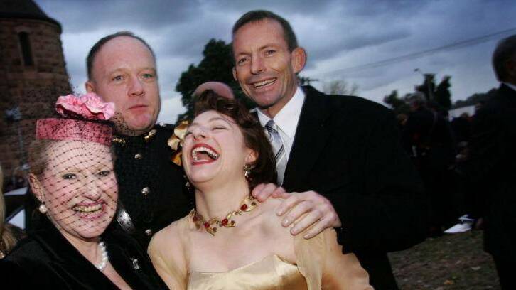 Bronwyn Bishop (left) at the wedding of Sophie Gregory Mirabella, with Tony Abbott. 