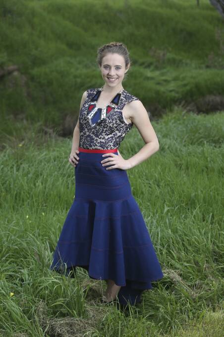 Overall winnner of Henty Natural Fibre Fashion Awards designed by Jane Frazer of Deniliquin worn by Phoebe Crilly of Culcairn