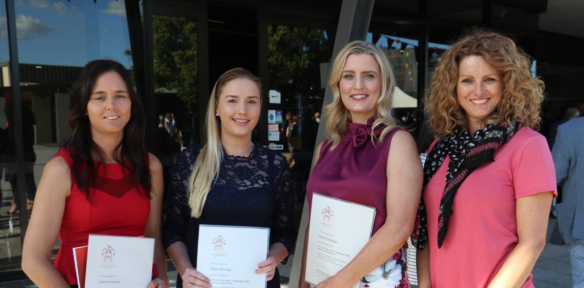 Wodonga TAFE's Justine Rofe with diploma2degree students who received Latrobe Uni   Excellence Awards this year; Isabel Francioli, Megan Murtagh and Frances Dallinger. 