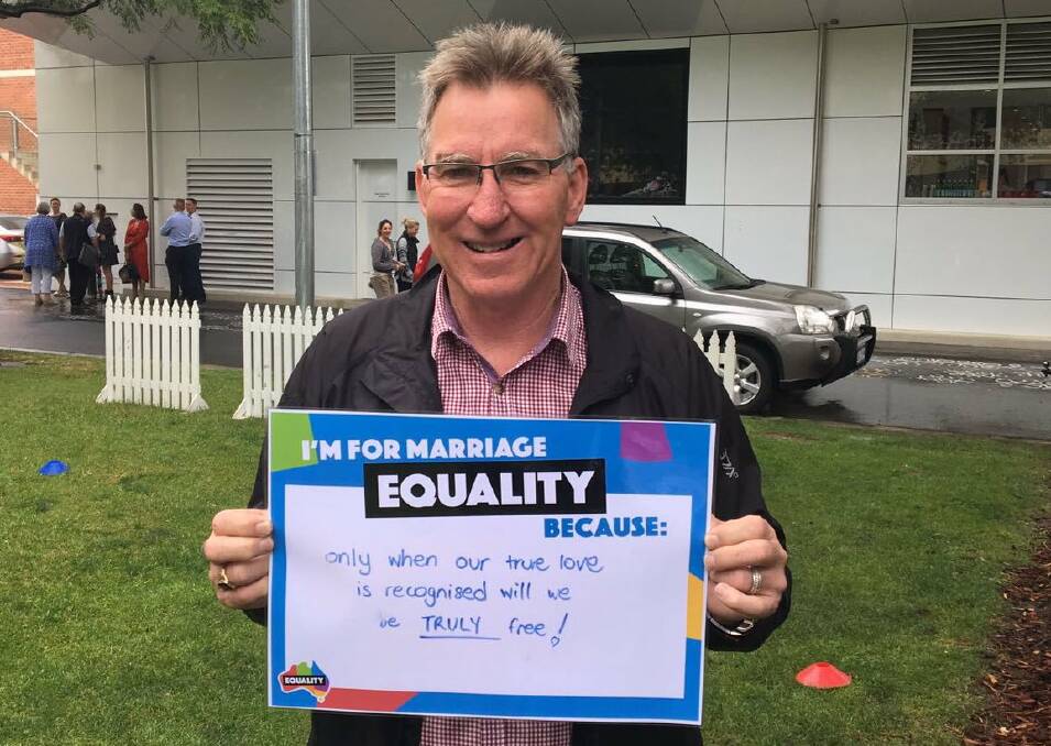SUPPORT ON THE BORDER: Albury mayor Kevin Mack is one of the local government leaders to put his support behind marriage equality, pictured campaigning for all true love at the 2016 Border Pride Fair.