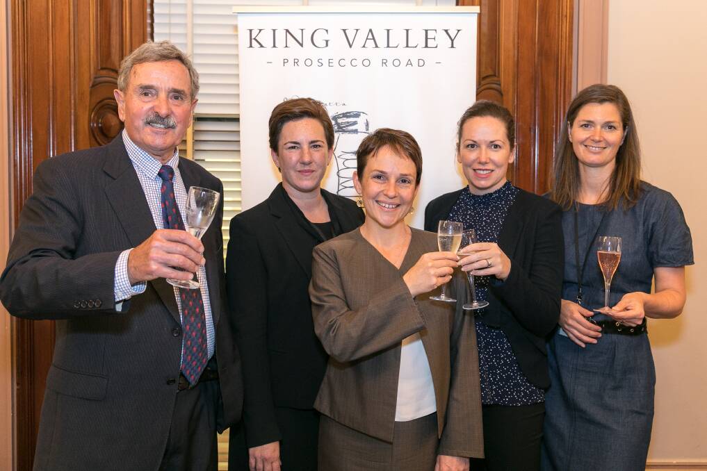 CHEERS: Ross Brown, Allison Lloyd, Jaala Pulford, Jaclyn Symes and Natalie Pizzini as the King Valley's prosecco was celebrated in Vcitorian Parliament this week.