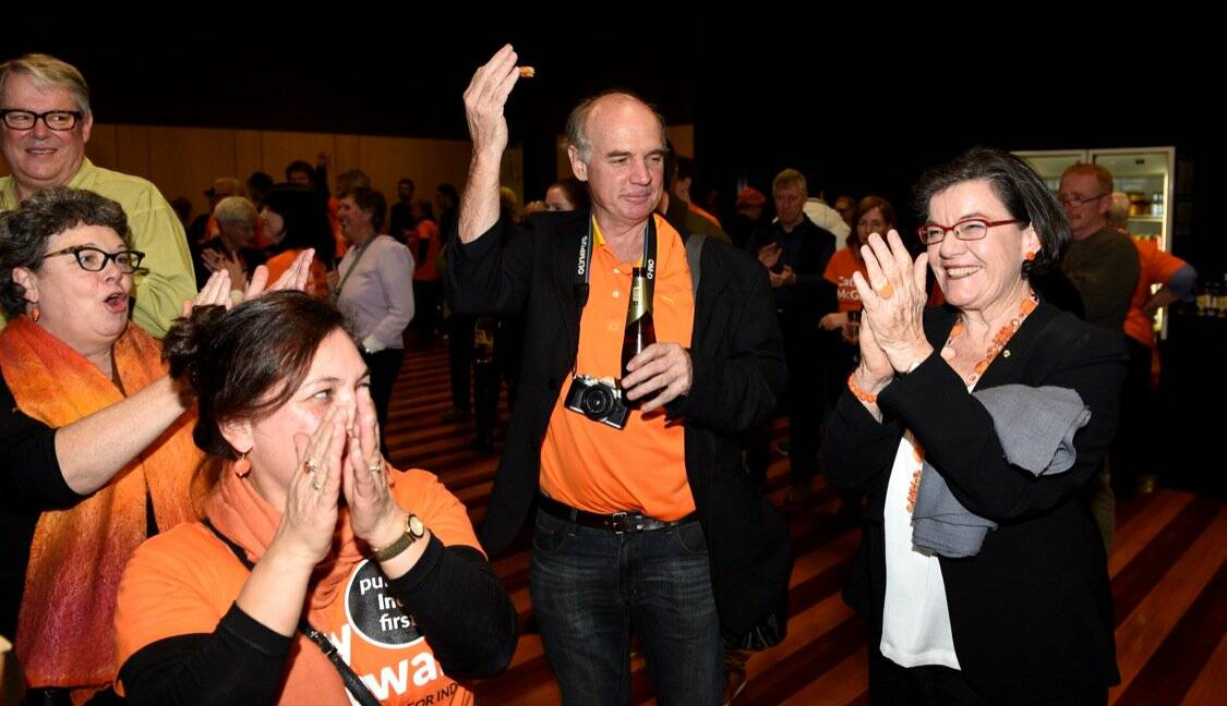 PARTY TIME: Cathy McGowan and supporters at the Wangaratta Performing Arts Centre on Saturday night. Picture: MARK JESSER