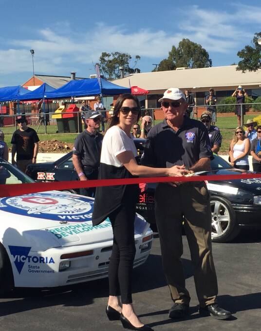 GREEN LIGHT: Northern Victoria MP Jaclyn Symes and Benalla Auto Club president Barry Stilo were excited to officially launch Winton's new track surface.
