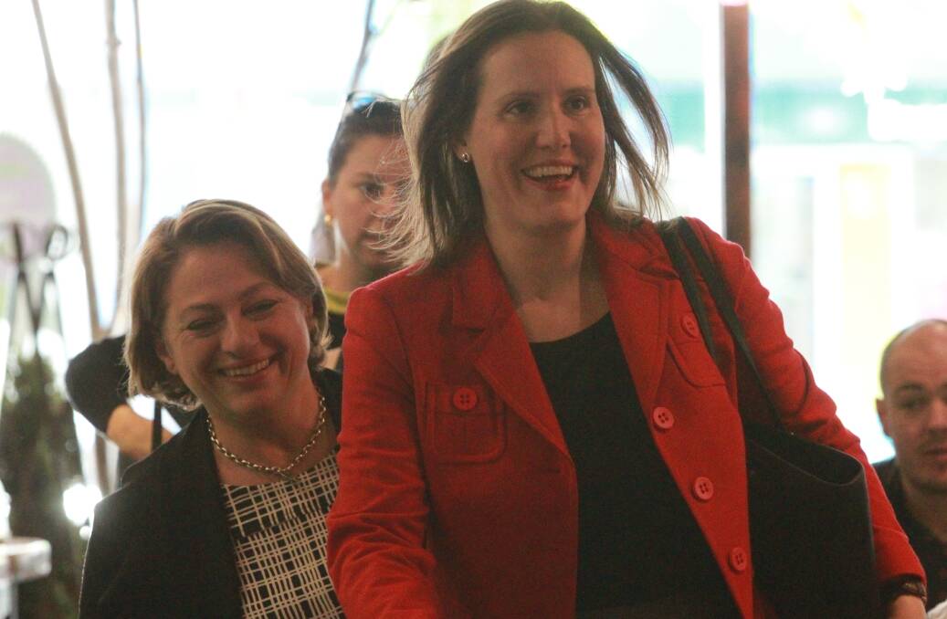 MAKING AN ENTRANCE: Sophie Mirabella and assistant treasurer Kelly O’Dwyer arrive at the Benalla business forum. Picture: SHANA MORGAN