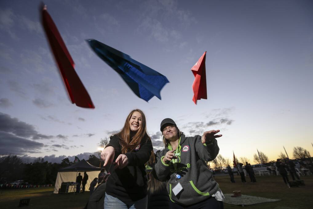 TAKING A STAND: Big Shout organisers Isabella Percy and Bree Cross were among those to make a pledge against bullying by writing down their messages on paper planes. Pictures: JAMES WILTSHIRE