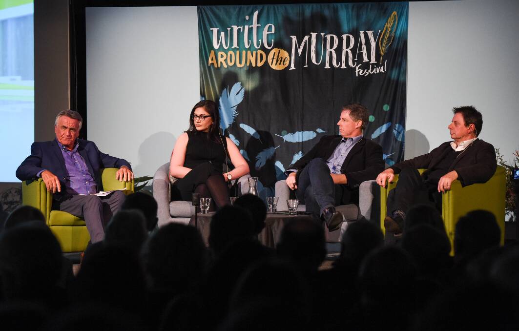 TALKING POLITICS: The Border Mail alumni Barrie Cassidy, Natalie Kotsios, Shane Wright and Tony Wright shared their views for a sold-out audience. Pictures: MARK JESSER