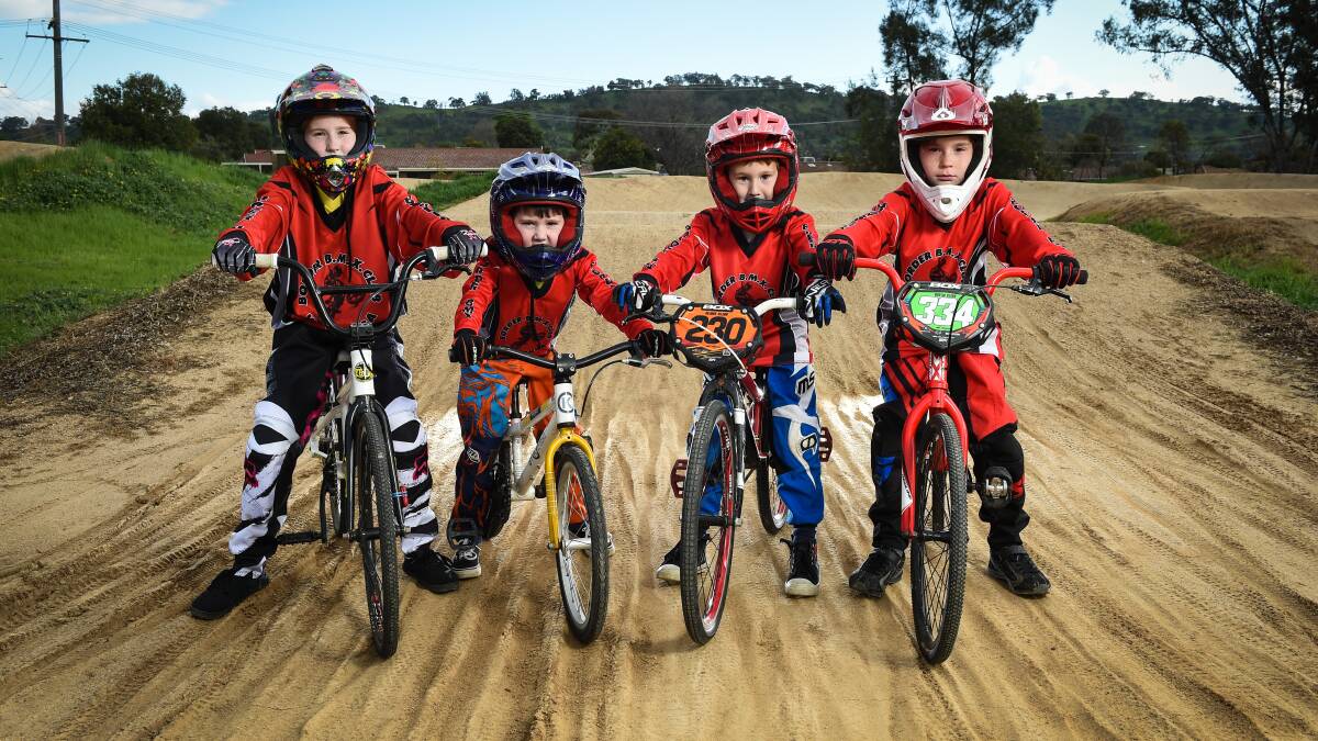 HOME TRACK: Brothers Riley 11, Sebastian 5, Oliver 7 and Austin Clear 9 are some of the Border BMX Club riders who will be happy to use the track without damaged caused in wet weather, after a fence is installed at the site.