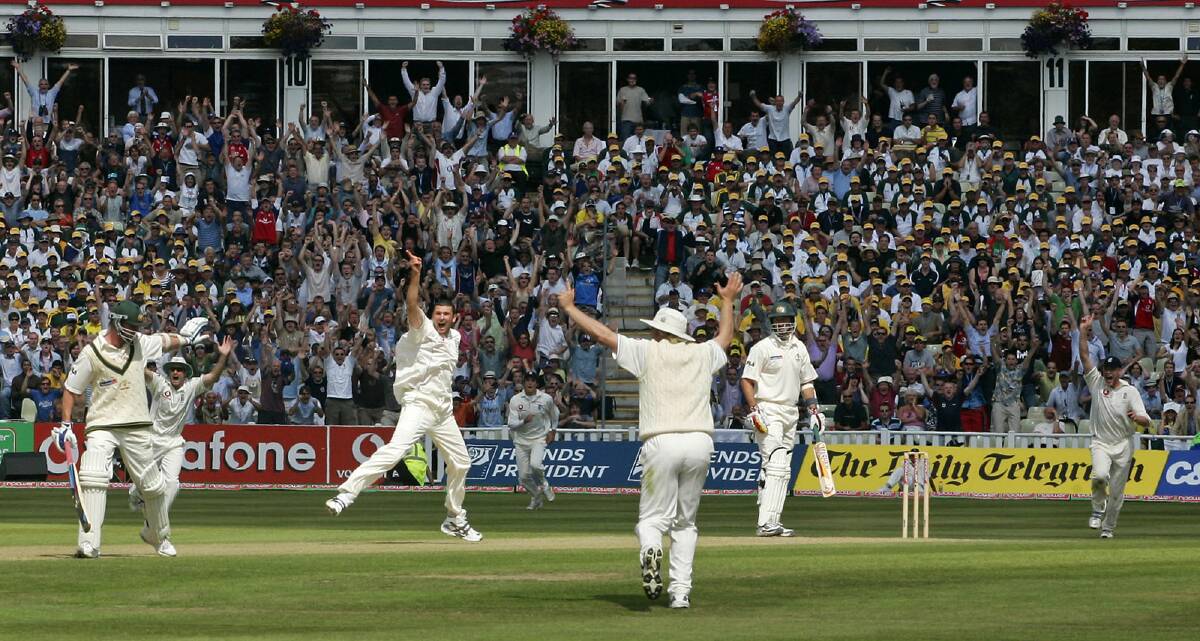 SHATTERING: The moment England's Stephen Harmison dismissed Australia's Michael Kasprowicz to win the second test of the 2005 Ashes series.