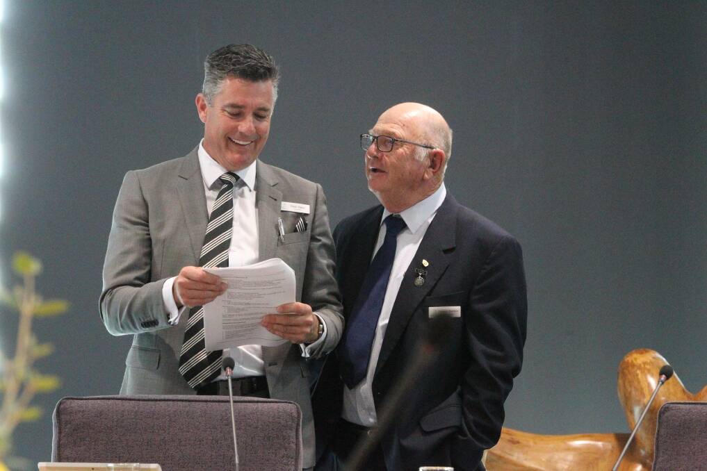 SUPPORT: Wangaratta councillors Dean Rees and Harvey Benton at Tuesday's meeting, where the golf club development was unanimously supported. Picture: SHANA MORGAN