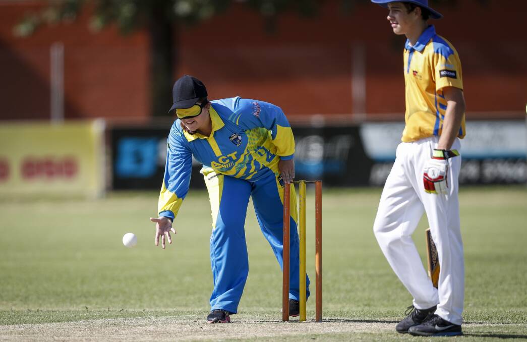 LIMITED VISION: The Border Mail's Ellen Ebsary in action during Sunday's blind cricket match.