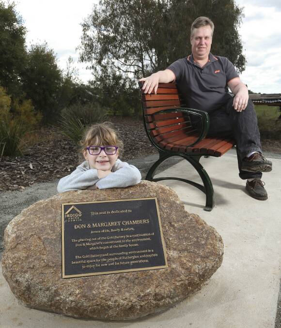 PROUD MOMENT: Six-year-old Lucy Chambers and dad Simon Chambers were moved at Rutherglen Gold Battery on Saturday by a ceremony in honour of the late Margaret and Cr Don Chambers. Picture: ELENOR TEDENBORG