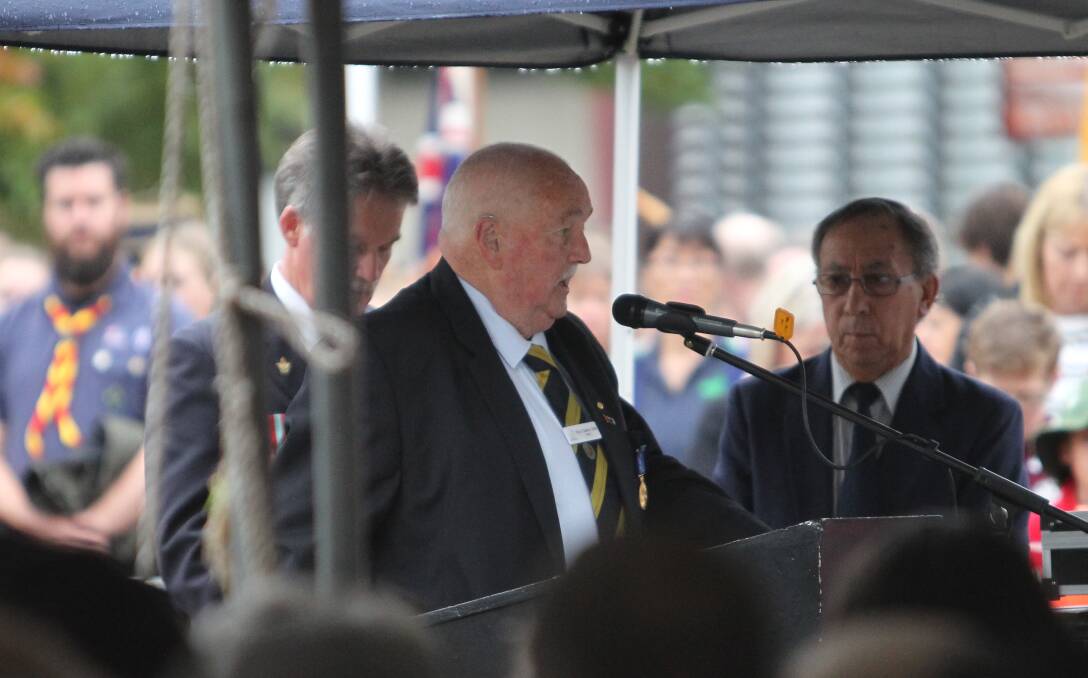 SAD DAY: Wangaratta mayor Ken Clarke speaking at an Anzac Day service on Tuesday morning. Picture: SHANA MORGAN