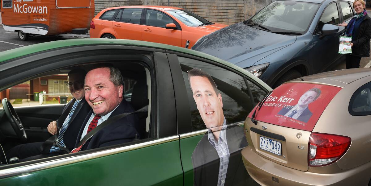CAMPAIGN COLOURS: Cathy McGowan, top left, Jenny O'Connor, top left, Marty Corboy, bottom left, with Barnaby Joyce, and Eric Kerr, bottom right, used different methods of advertising with their cars. Picture: DIGITALLY ALTERED