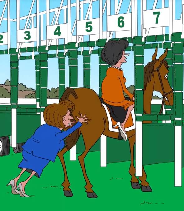 OLD FOES: The Dutch Media promotional cartoon shows a version of Sophie Mirabella giving Indi MP Cathy McGowan a "push" to start the Wodonga Gold Cup.