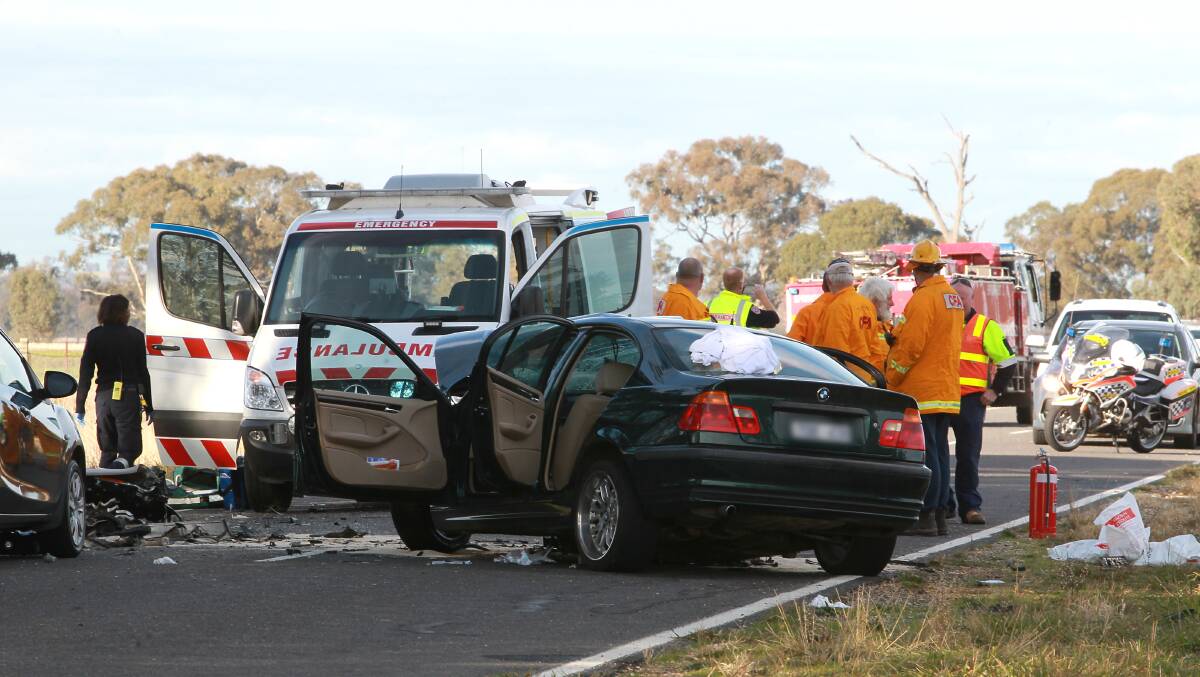 EMERGENCY RESPONSE: The BMW being driven by Brock Kusen was wrecked in the crash on Rutherglen-Springhurst Road on June 1, 2016. Paramedics, firefighters, SES volunteers and police all responded to the fatality.