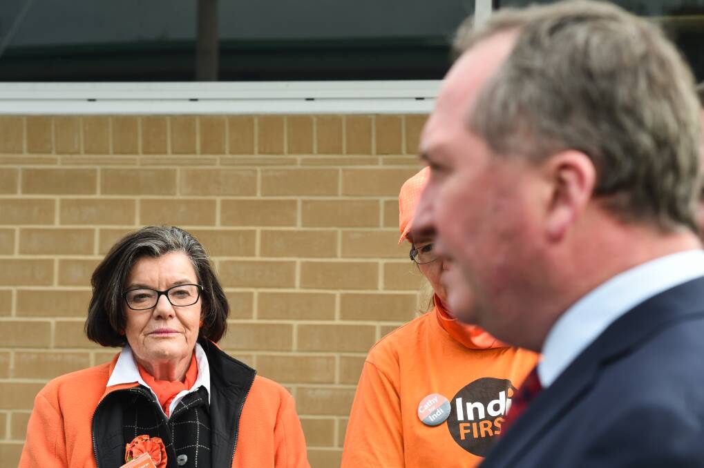 ALL EYES ON BARNABY: Cathy McGowan and Barnaby Joyce last year when the deputy prime minister visited Wodonga during the election campaign.