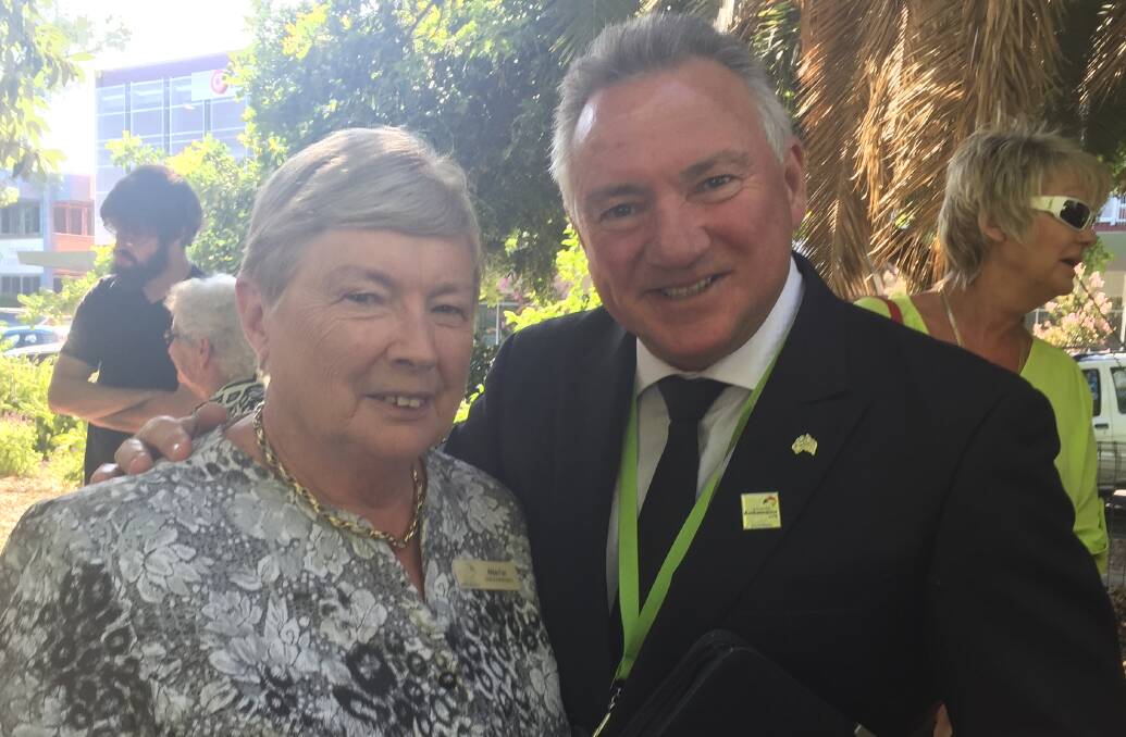 LIFE OF THE PARTY: The council's chair of administrators Ailsa Fox welcomed former television host Greg Evans to Wangaratta's King George Gardens on Tuesday.