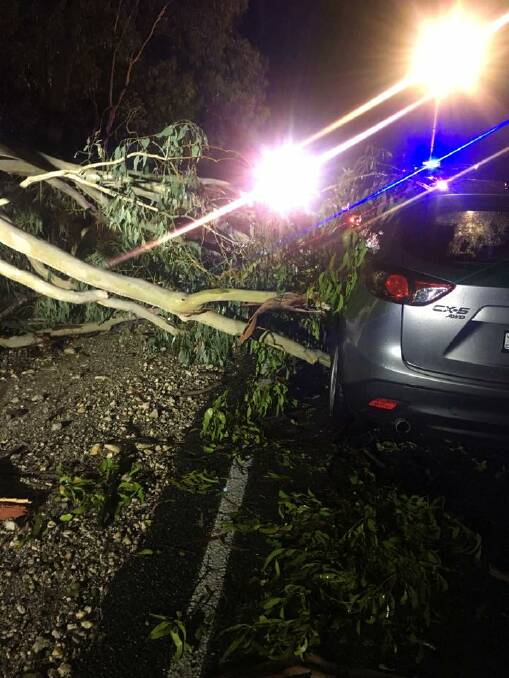 LUCKY ESCAPE: The car vs tree crash on Yackandandah-Wodonga Road at Staghorn Flat on Monday night. Picture: STATE EMERGENCY SERVICE