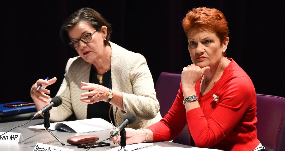 Indi MP Cathy McGowan and Senator Pauline Hanson at last year's parliamentary inquiry in Wodonga.