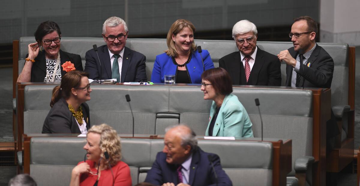 Cathy McGowan and other Crossbench MPs Andrew Wilkie, Rebekha Sharkie, Bob Katter and Adam Bandt during the division on a motion to refer members to the Court of Disputed Returns over citizenship issues on Wednesday, December 6. Picture: FAIRFAX MEDIA