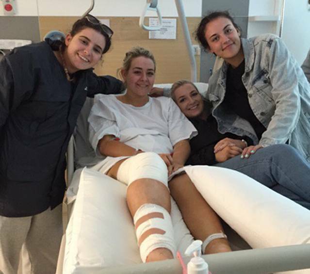Warrnambool's Rhianna McLeod (centre) was unconscious and broke two bones at the Falls Festival which she attended with friends Beth McDowell, Asha Greene-Kelson and Kadi Nowell, also from Warrnambool.
