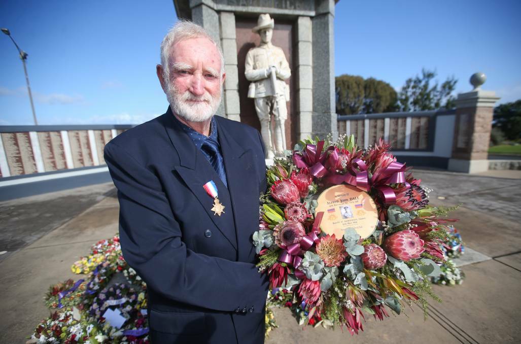 David Hall laid a wreath at the Warrnambool war memorial on Saturday - the anniversary of his great uncle Alfred John Dale's death. Picture: Morgan Hancock
