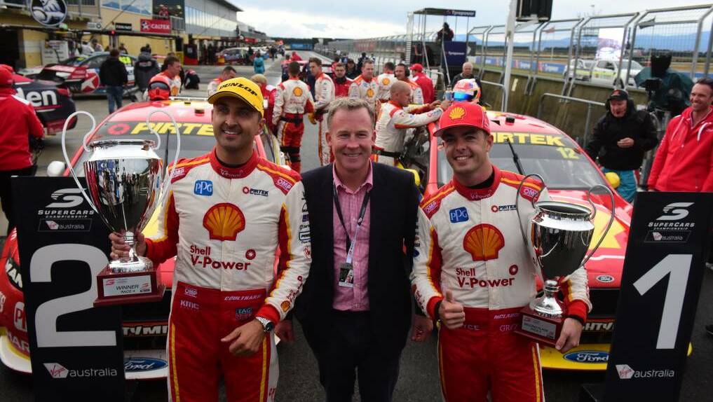 Fabian Coulthard [left], Scott McLaughlin [right] with Premier Will Hodgman. Picture: Paul Scambler