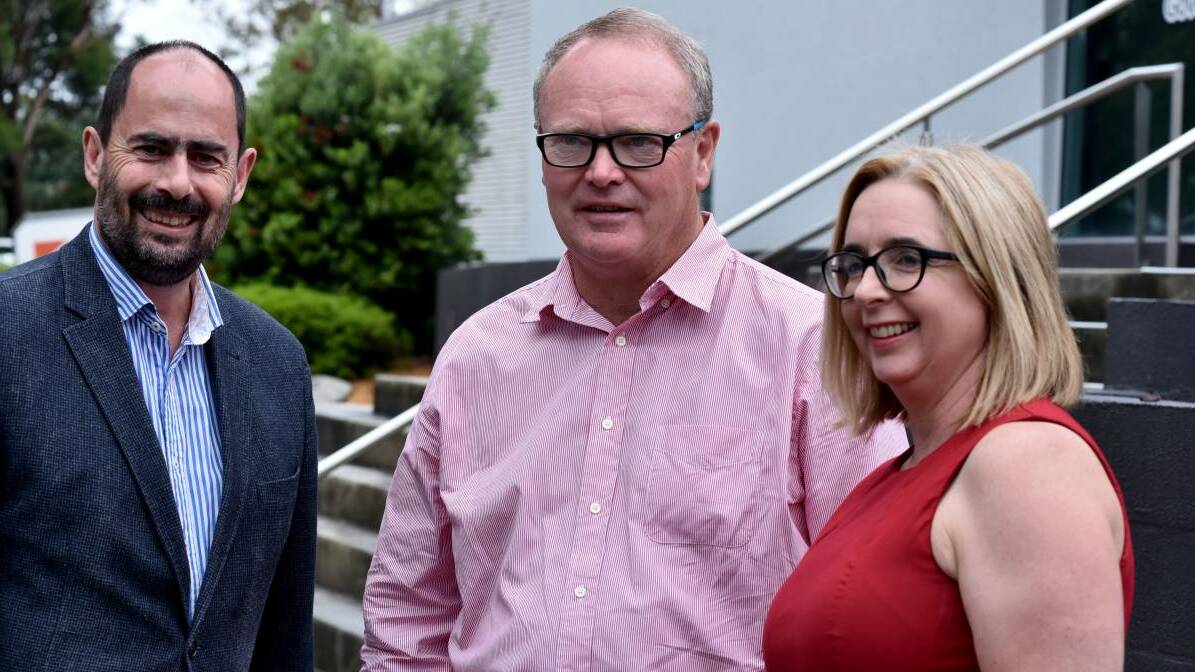 Labor's Ross Hart and Michelle O'Byrne present Tasmanian sporting personality Brian Roe as Labor's Launceston candidate ahead of May's Upper House election. Picture Neil Richardson.