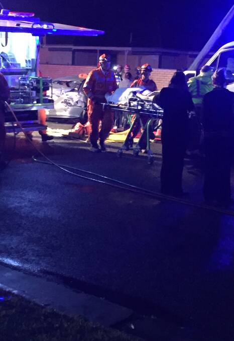 EMERGENCY: A Wodonga man in his mid-20s is taken to Albury Base hospital with severe leg injuries after his car careened into an electricity pole in Mulqueeney Street.