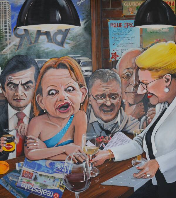 THE COMPANY YOU KEEP: Julia Davis' entry for the Bald Archy Prize shows Sam Dastyari, Sussan Ley, Rod Culleton, Bob Day and Bronwyn Bishop hitting the bar for a drink after a tumultuous year in their political careers.
