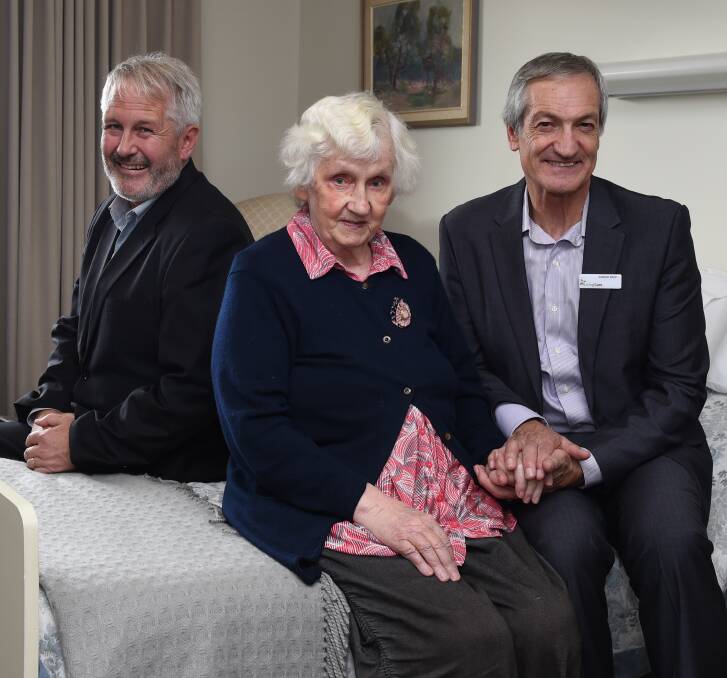 SWISH ROOM: Fresh Hope's Andrew Ball, Borella's longest-residing resident Mary Boyle and Living Care's Graham Reed. Picture: MARK JESSER