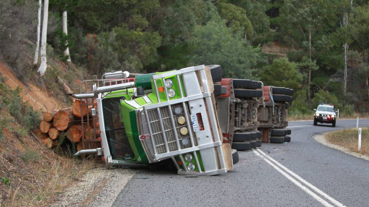 A truck tipped over near Shelley this morning. Pictures: DERRICK KRUSCHE